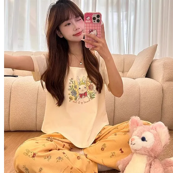 夏季兔子长裤短袖睡衣家居服套装女士休闲舒适家居服宽松甜美