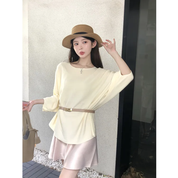 2025夏季新款法式气质圆领冰丝针织衫女宽松设计感上衣(配腰带)