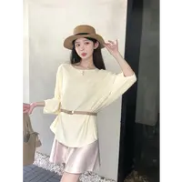 2025夏季新款法式气质圆领冰丝针织衫女宽松设计感上衣(配腰带)