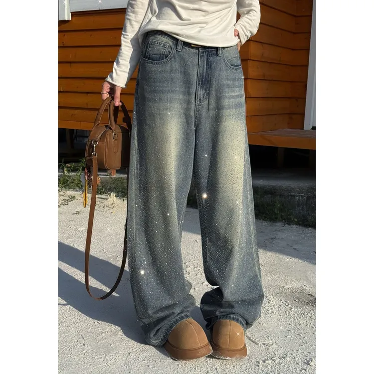 美式气质时尚百搭阔腿裤女2025秋季新款烫钻设计感显瘦垂感牛仔裤