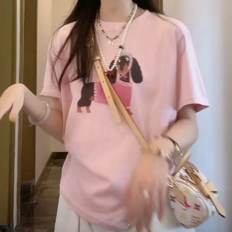 休闲INS风小狗印花百搭修身显瘦可爱短袖T恤2025夏季新款圆领上衣