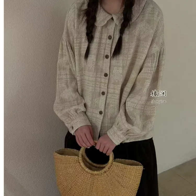 森系文艺百搭宽松娃娃领提花棉麻衬衫（衣长60左右胸围130）