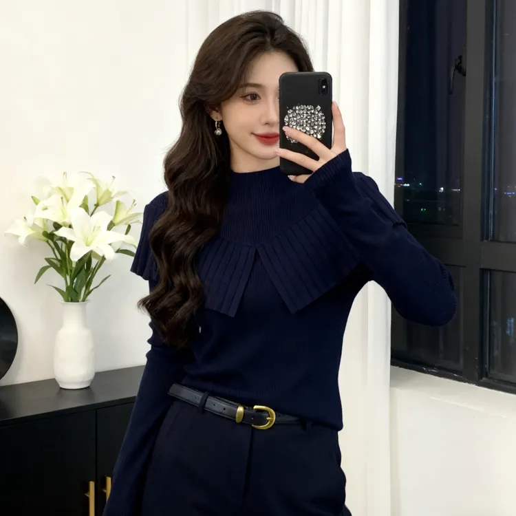 【现货】今年流行穿搭2025秋冬新款海军领拼接披肩毛针织衫长袖上衣