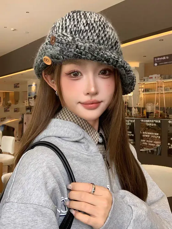 纽扣针织渔夫帽女秋冬季韩版百搭显脸小包头帽大头围保暖毛线帽子