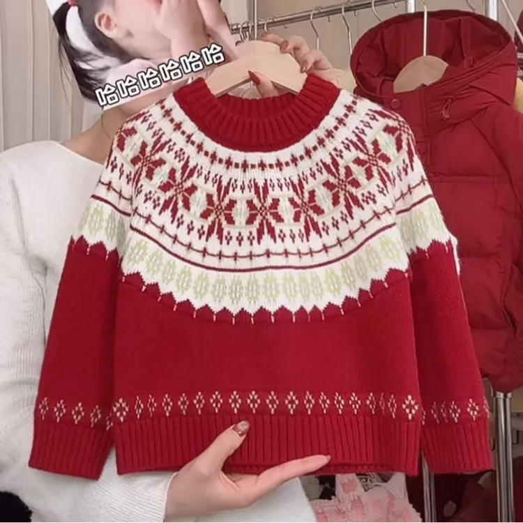 女童冬季新款针织衫洋气喜庆红色女宝宝休闲保暖毛衣