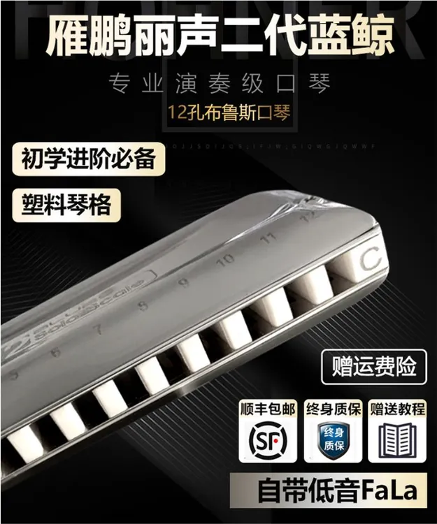 新款二代蓝鲸口琴12孔布鲁斯塑料格低音有FALA