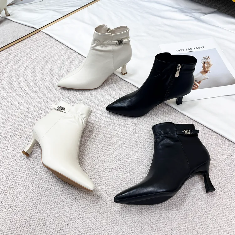 5cm 时尚高跟短靴女士秋冬季欧美时装靴琥珀流光风裸靴百搭马丁靴