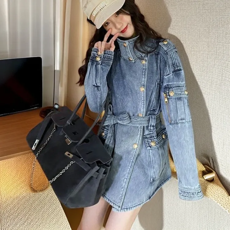 工装风高领宽松显瘦小个子牛仔风衣外套女春秋款休闲复古百搭夹克