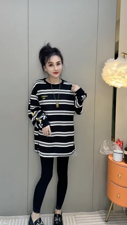 秋季休闲百搭T恤中长款宽松显瘦韩版条纹大T