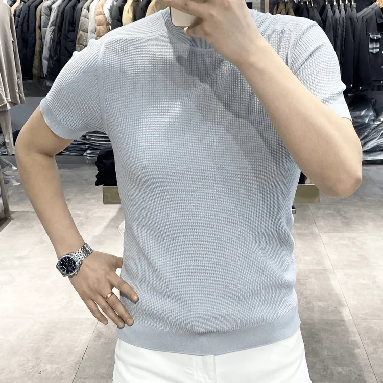 男士针织短袖秋冬新款圆领时尚百搭纯色修身商务修身毛衣打底加厚