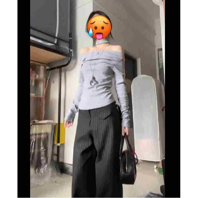 2025年早春新品设计感一字肩长袖上衣休闲长裤时尚两件套