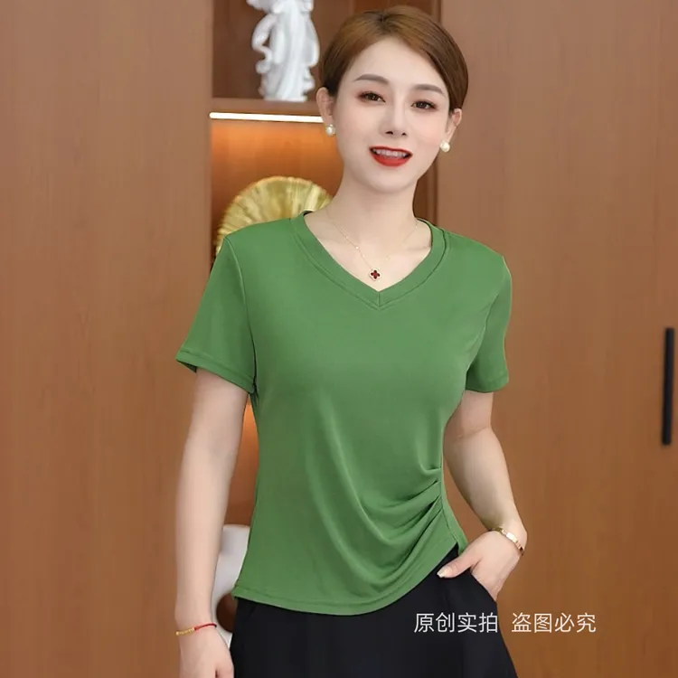 2025夏季新款V领短袖T恤不规则显瘦洋气遮肉款女士百搭上衣潮小衫