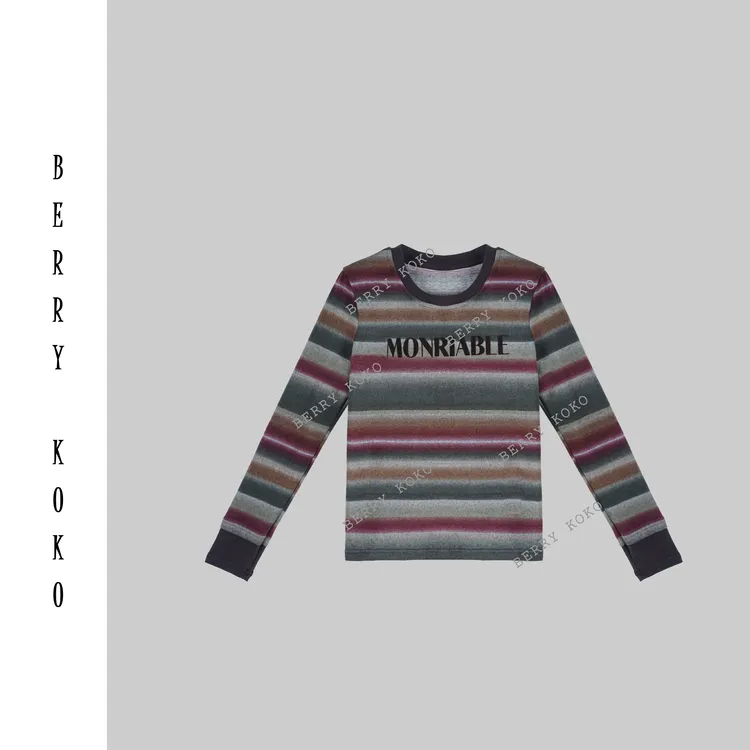 【MISSKO】高品质复古洗水撞色条纹高弹百搭显瘦套头小卫衣 T20