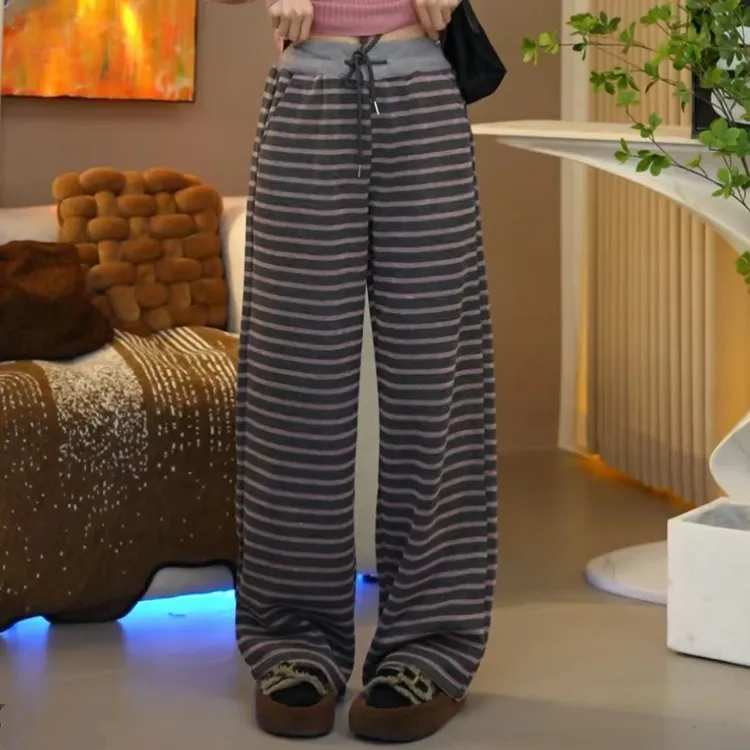 设计感灰粉色条纹拼接宽松阔腿裤薄款女2025春季新款高级直筒裤