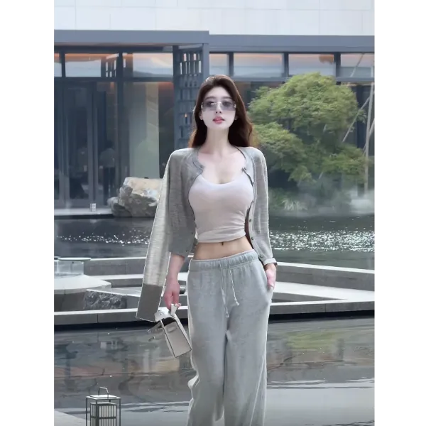 法式时尚设计感修身灰色针织开衫性感吊带背心高腰宽松阔腿裤套装