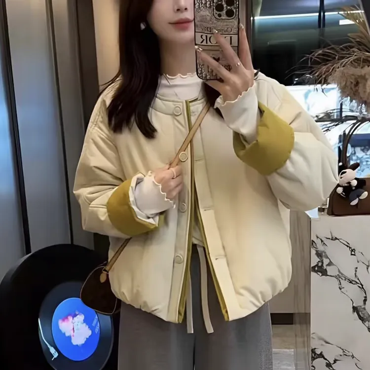 单排扣圆领棉服外套女2025秋冬款复古休闲风袖口撞色拼接夹棉棉袄