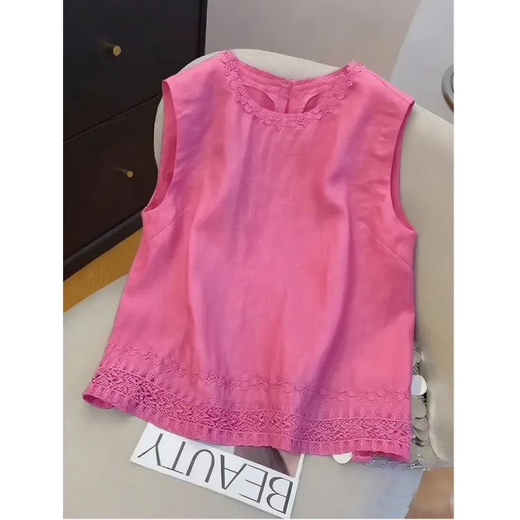 网红炸街减龄树莓粉花边刺绣无袖背心女夏新款老钱风洋气内搭上衣