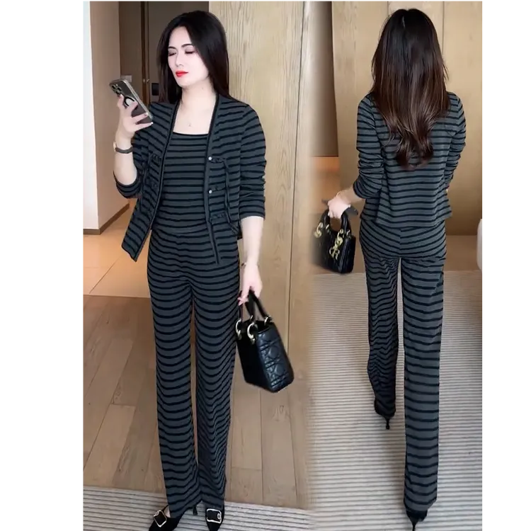 时尚套装女2025秋季新款洋气显瘦减龄设计感长袖吊带阔腿裤两件套