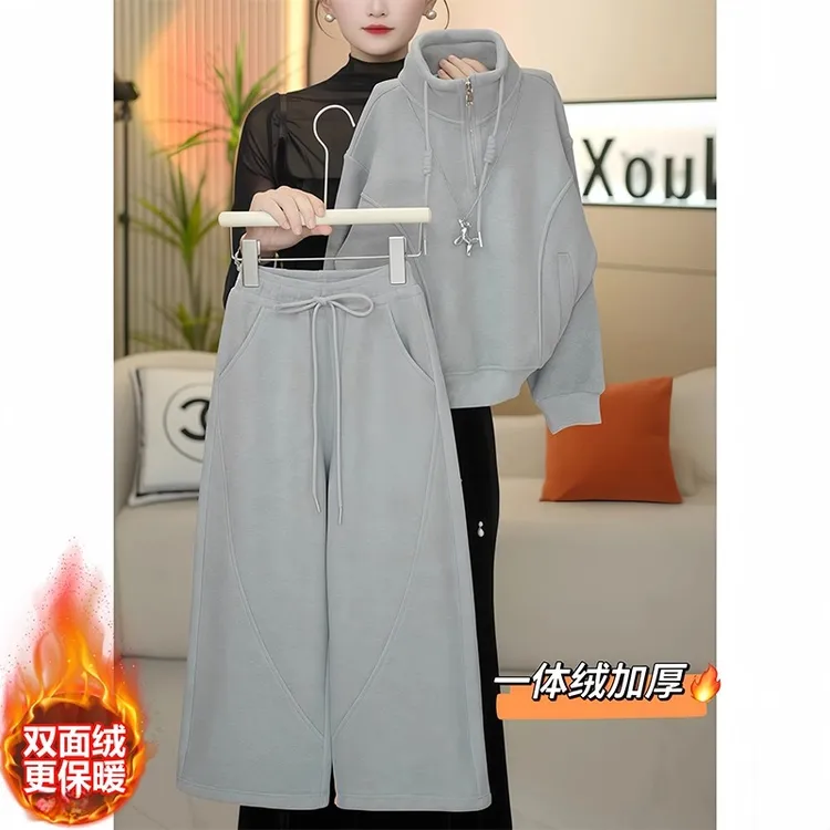 女童加绒卫衣卫裤套装2025新款秋冬加厚一体绒校服神器阔腿裤运动