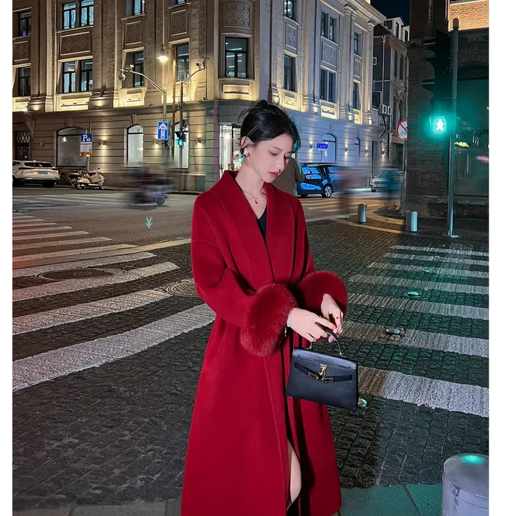 红色高个子长款双面羊毛大衣女仿狐狸毛高级感高贵气质毛呢外套