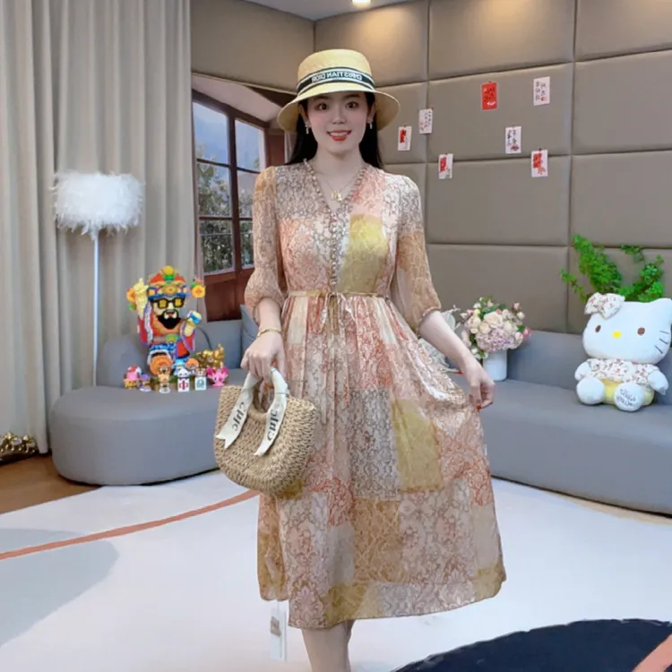 【火火精选】“仲夏碎梦”法式夏季温柔气质时尚桑蚕丝连衣裙 80195