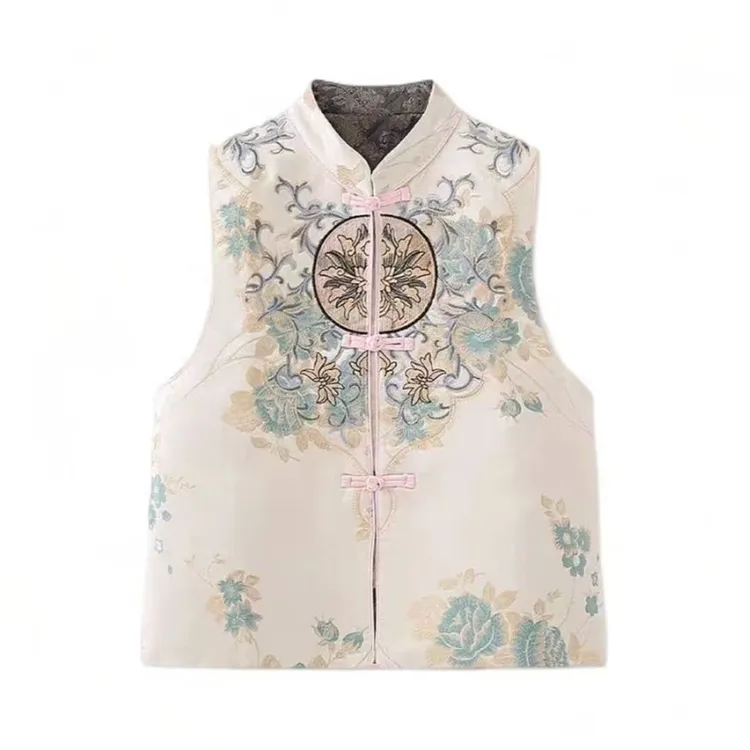 花拾国风盘扣立领刺绣提花坎肩背心上衣复古马甲女外搭104