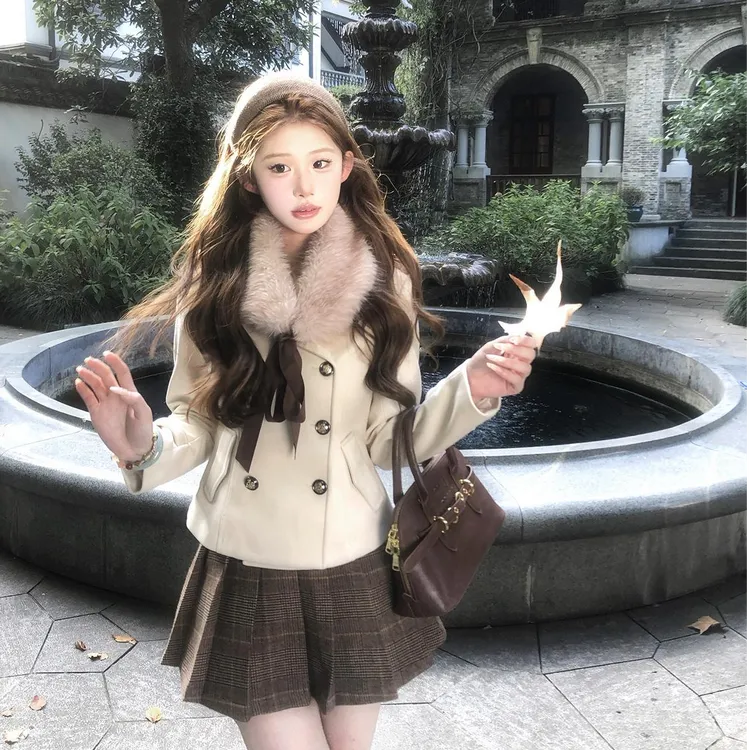 麻吉mochi【日落爱丁堡】可拆卸毛领短大衣秋冬百褶裙韩系名媛套装 