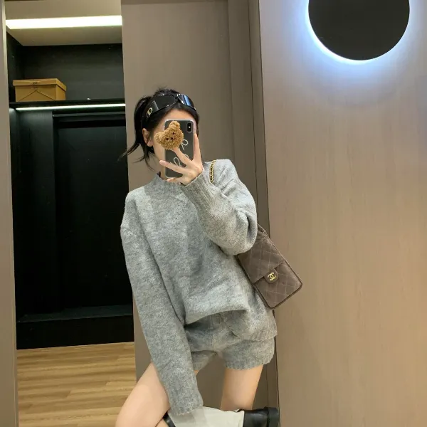 小清新休闲风韩版百搭卫衣时尚套装休闲针织慵懒风卫衣上衣宽松
