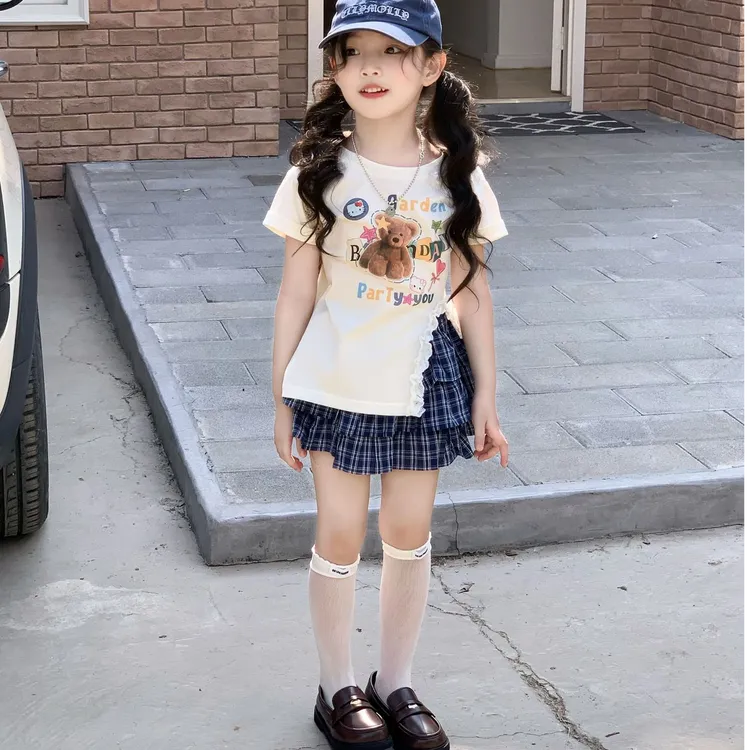 壹妈韩版童装女童夏装套装2025新款洋气花边开叉上衣搭蓝格子裙裤