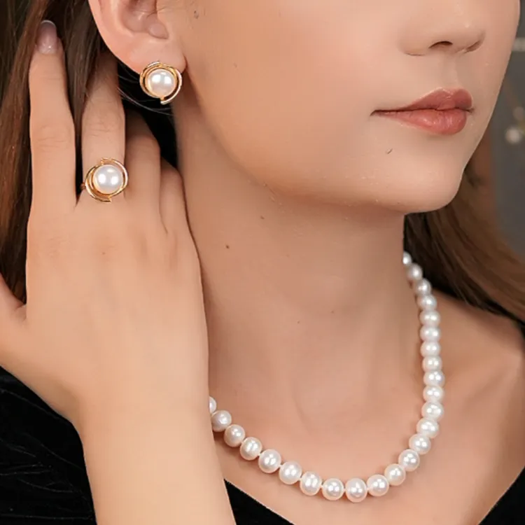9-10mm 淡水珍珠耳环戒指项链一套金色气质百搭时尚优雅精致