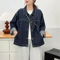 2025秋装复古格纹拼接袖口牛仔外套女长袖落肩宽松休闲夹克上衣