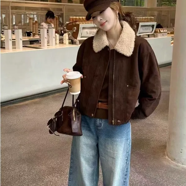 拉夏贝尔拼接翻领鹿皮绒外套女2025秋冬新款时尚百搭夹棉加厚上衣