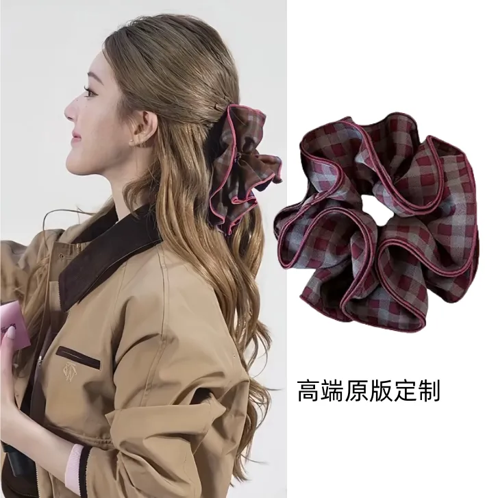 赵露思同款红色格纹发圈2025新款四层头花大肠圈高级感丸子头发饰