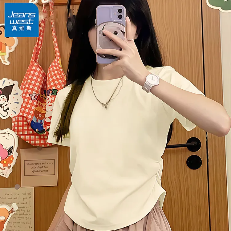 真维斯抽褶短袖t恤女装潮牌新款甜妹慵懒纯欲风女装洋气衣服女