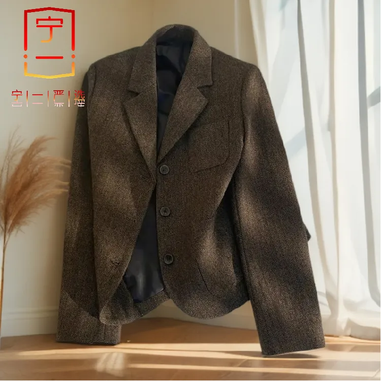 【宁一女装】人字纹毛呢西装外套春秋高级设计感小众炸街气质小西服