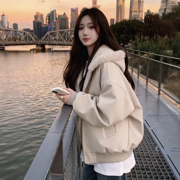 座山雕PU皮连帽毛领棉服女加绒冬季美式高街保暖棉衣棉袄加厚外套