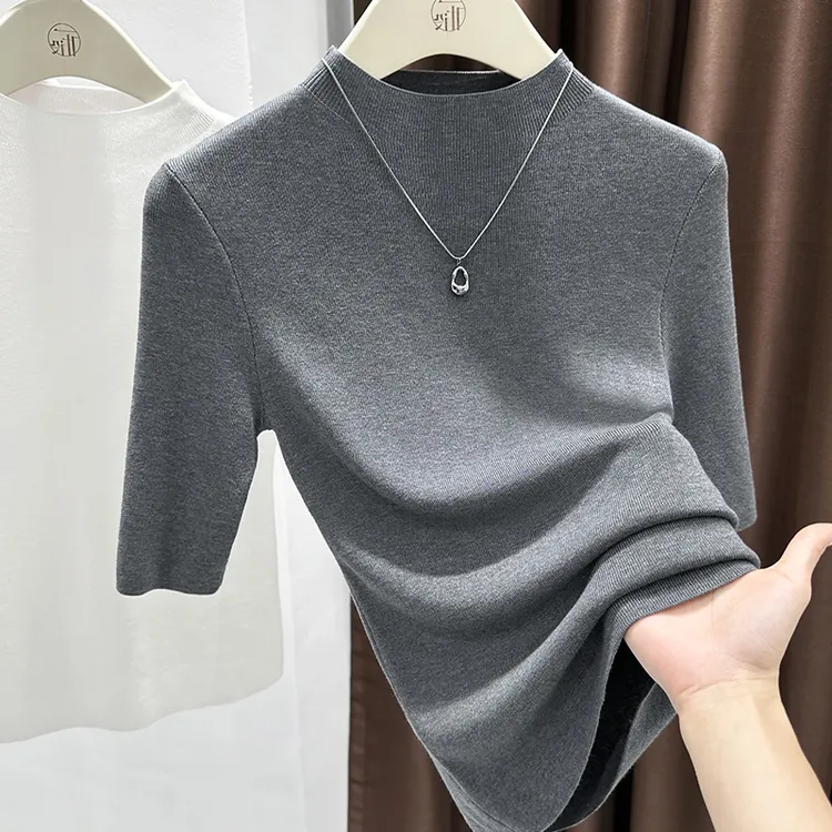 灰色高级感修身t恤女士2025秋季爆款软糯针织打底衫中袖紧身上衣