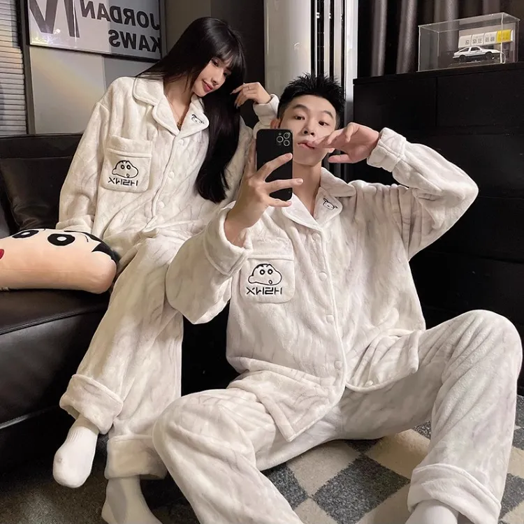 蜡笔小新情侣睡衣女秋冬季珊瑚绒加绒加厚男士冬天可爱家居服套装
