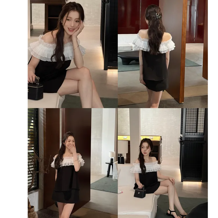 YPP！【名媛千金感】优雅气质蕾丝一字肩上衣百搭半身裙套装