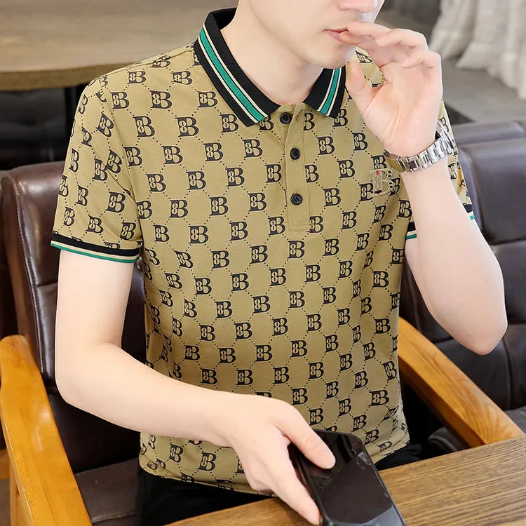 贾鲁萨加高端时尚短袖polo衫男夏季新款潮牌印花棉弹翻领修身T恤