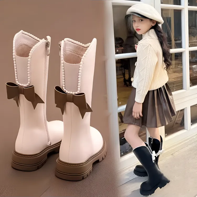 女童鞋儿童长靴子2025春秋冬新款长筒高筒皮靴小公主加绒靴