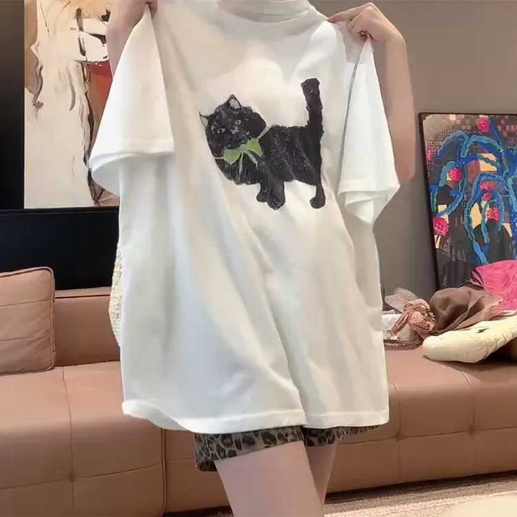 【领带小猫】薄款圆领T时尚简约宽松慵懒风百搭短袖C5458