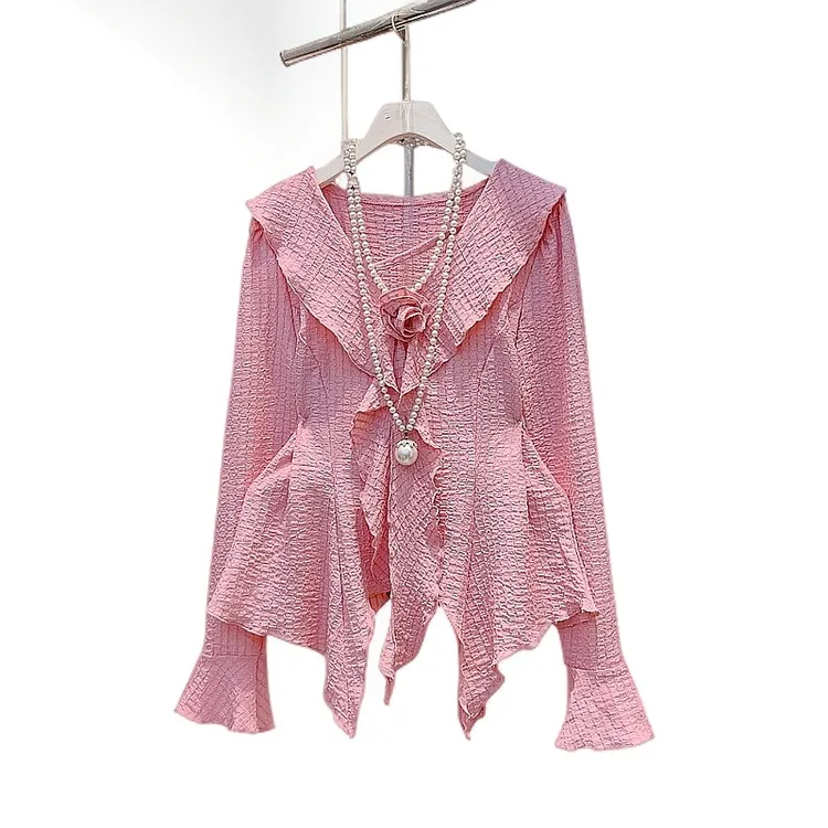 胖mm早春糖果色不规则心机领荷叶边纯欲风显瘦时尚女人衫