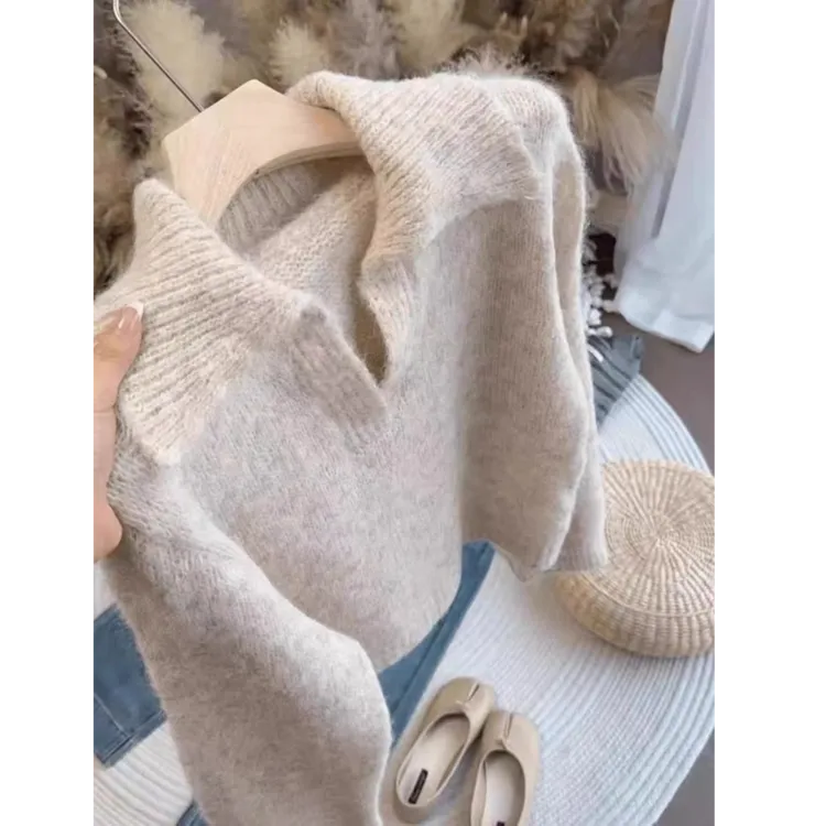 秋冬新款韩版剪刀领纯色网红慵懒风百搭针织衫套头2213