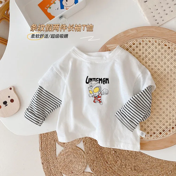 儿童T恤2025纯棉长袖春秋条纹假两件打底衫男童宝宝春秋季上衣潮
