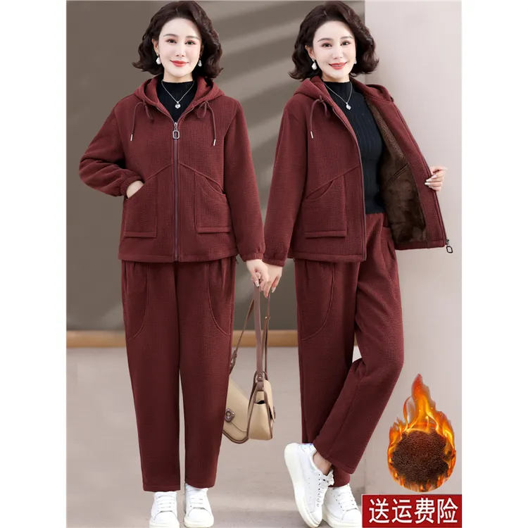 中老年妈妈春秋装灯芯绒运动服休闲加绒套装女中年洋气卫衣两件套