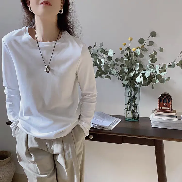 印之恋秋冬保暖新疆阿克苏长绒棉白色圆领ins长袖T恤内搭打底衫女