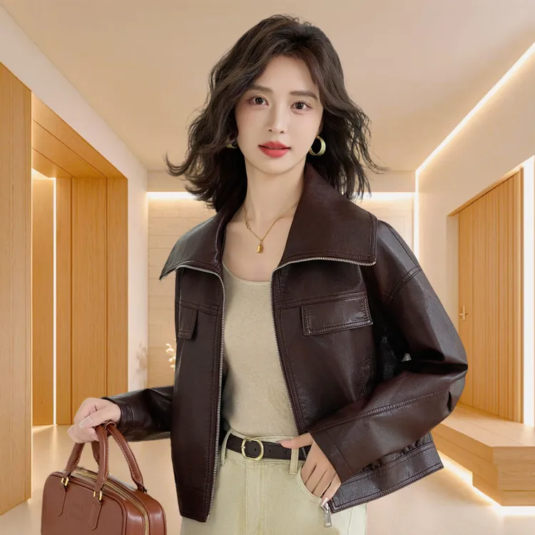 海宁真皮皮衣短款秋季新款大翻领时尚女式小个子绵羊皮皮衣外套女