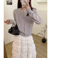 【刺绣花瓣】柔云灰百搭气质针织开衫女毛衣外套气质宽松上衣