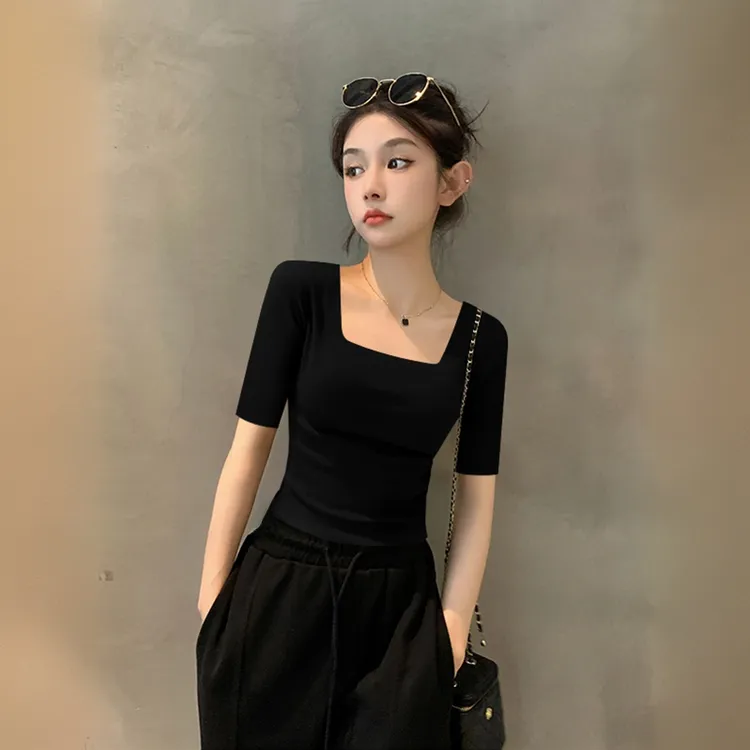 2025新款春夏秋正肩法式方领中袖T恤女高级感95棉螺纹齐腰上衣潮